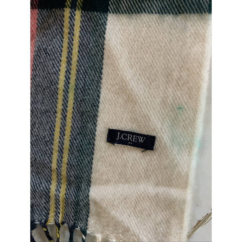 J Crew Plaid Wool Blend Scarf Fringe Cream Pink Green Yellow